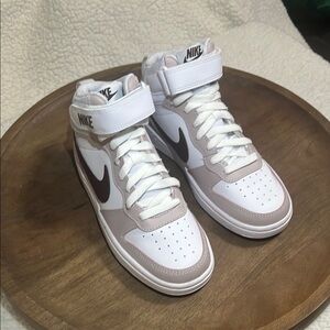 Nike White and Brown High-Top Sneakers (New no box or tags). 3.5Y